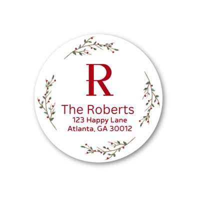 Emma Pink Studio Christmas Floral Wreath Personalized Monogram Return Address Stickers, Custom Holiday Name Labels Invitation Envelope Seals (Red, 3" - 6 Stickers/Set)