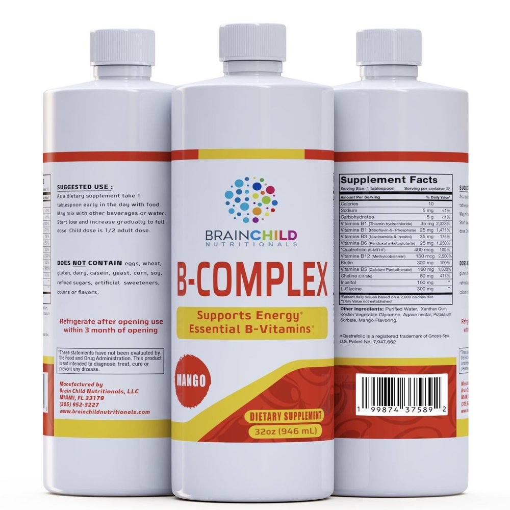 BrainChild B-Complex Liquid - High-Potency Methylated B Vitamins for Energy, Stress & Mood, Non-GMO, Vegan, Gluten-Free, Mango - 32oz