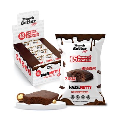 Munch Better Hazelnut Protein Brownies 15g Protein, Low Sugar, Gluten-Free, 12 Count Box, Soft-Baked Hazelnut Brownie Bars, Individually Wrapped