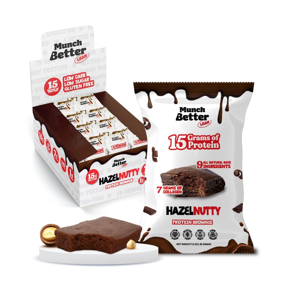 Munch Better Hazelnut Protein Brownies 15g Protein, Low Sugar, Gluten-Free, 12 Count Box, Soft-Baked Hazelnut Brownie Bars, Individually Wrapped