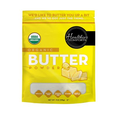 Healthier Comforts Organic Unsalted Butter Powder | USDA Certified Organic Dehydrated Unsalted Butter | Kosher, Gluten Free, Non-GMO | Popcorn, Baking, Seasoning 7oz (7 oz)