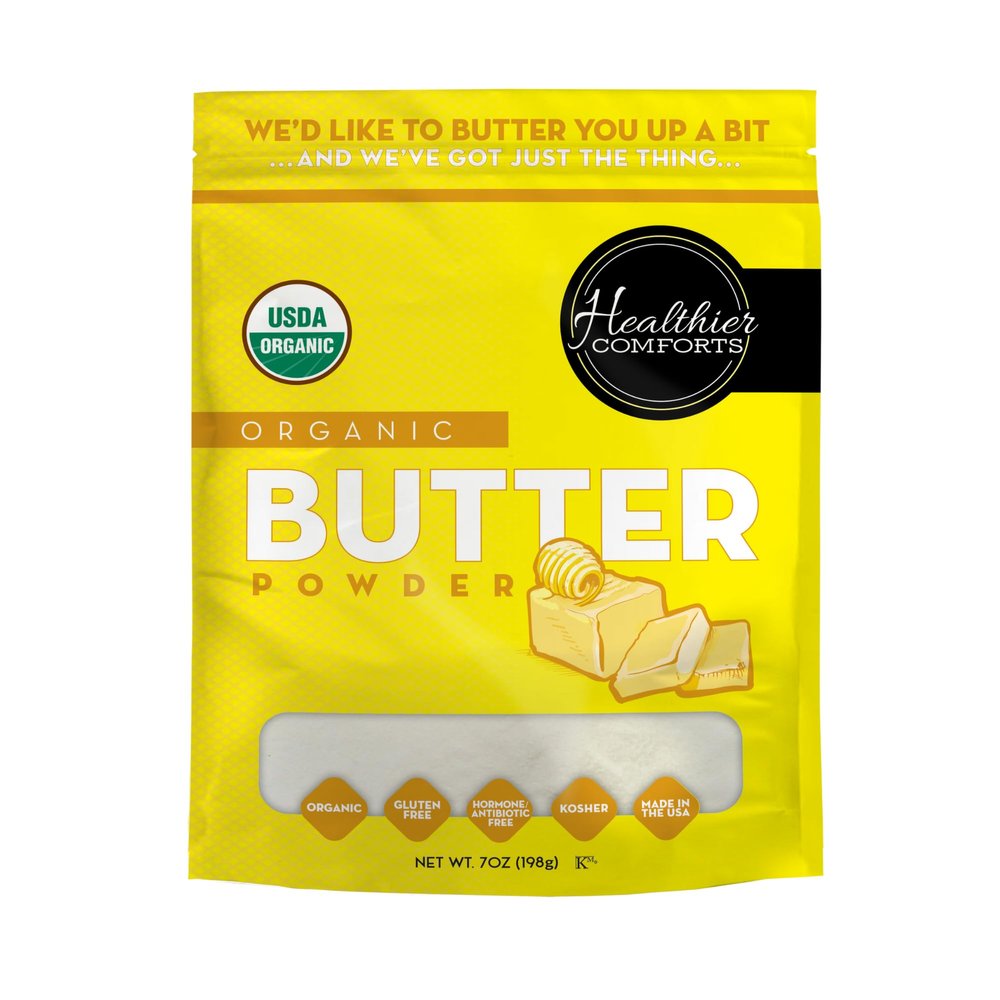 Healthier Comforts Organic Unsalted Butter Powder | USDA Certified Organic Dehydrated Unsalted Butter | Kosher, Gluten Free, Non-GMO | Popcorn, Baking, Seasoning 7oz (7 oz)