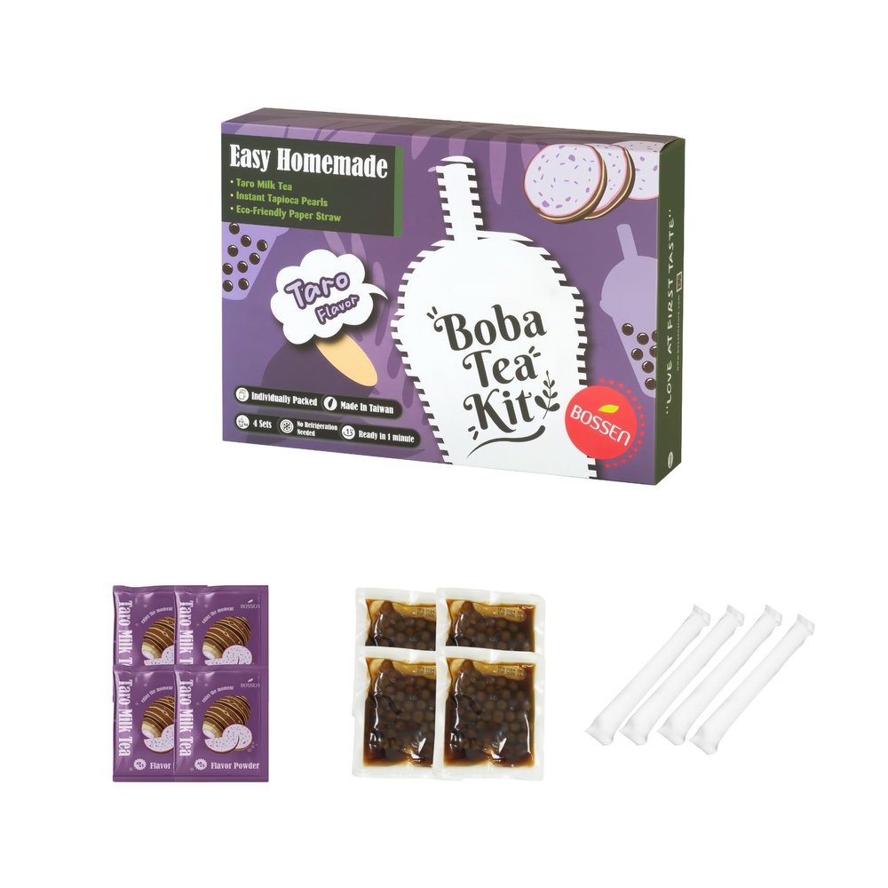Bossen Instant Brown Sugar Boba Tea Kit Taro Milk Tea 4 Servings Ready in 1 Minute Includes Powder and Paper Straws Made in Taiwan