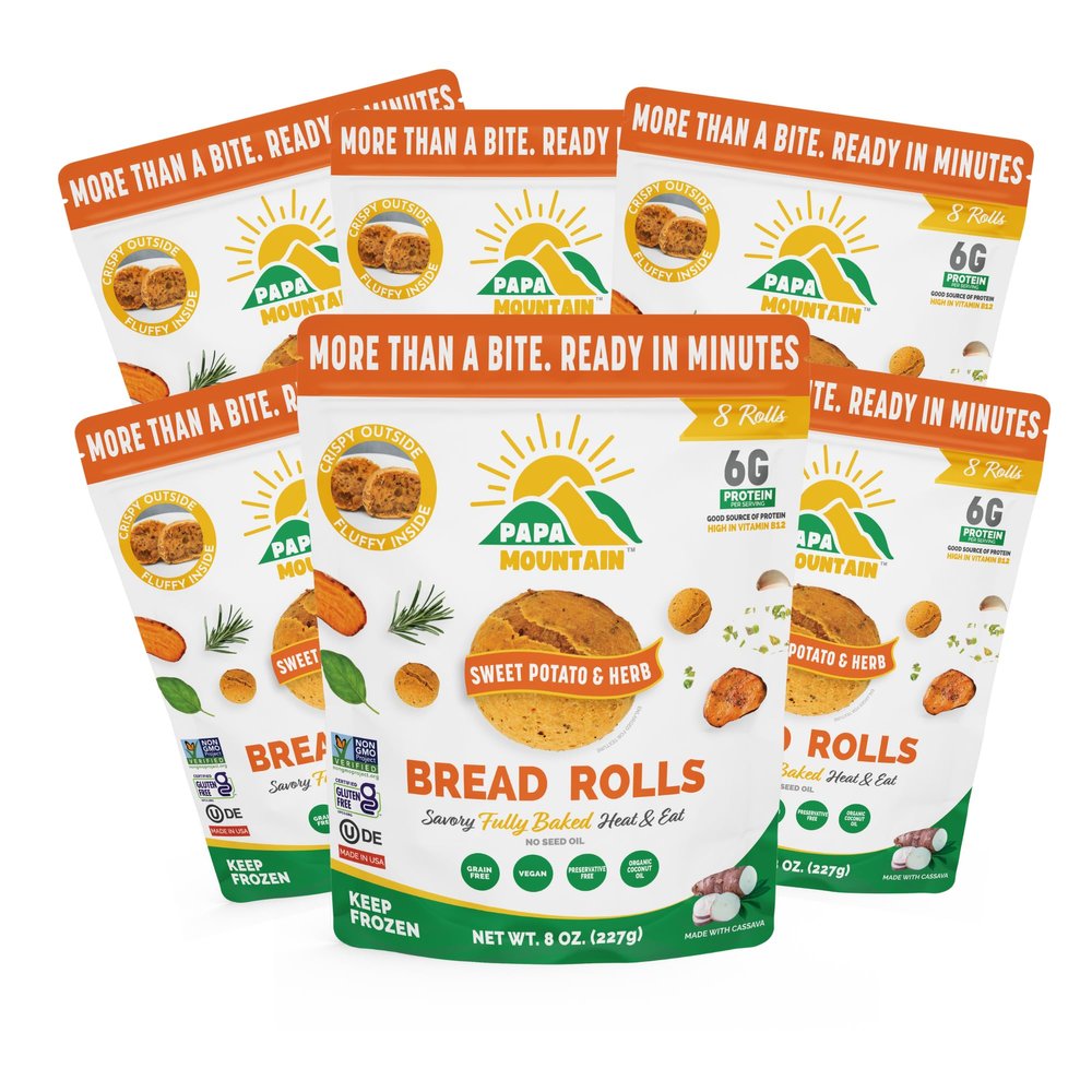 Papa Mountain Bread Rolls | 6g Protein, Non-GMO, Gluten Free, Seed Oil Free | Heat & Eat, Frozen Bread, Appetizer, Snack, Lunch or Dinner Rolls (6 Pack, Sweetpotato-And-Herb)