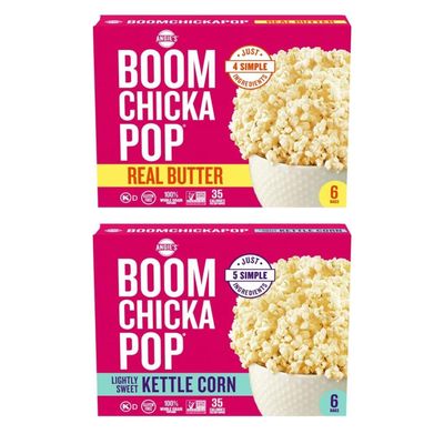 Angies BOOMCHICKAPOP microwave Popcorn Pack with 2 flavors, Real butter and Lightly sweet kettle corn