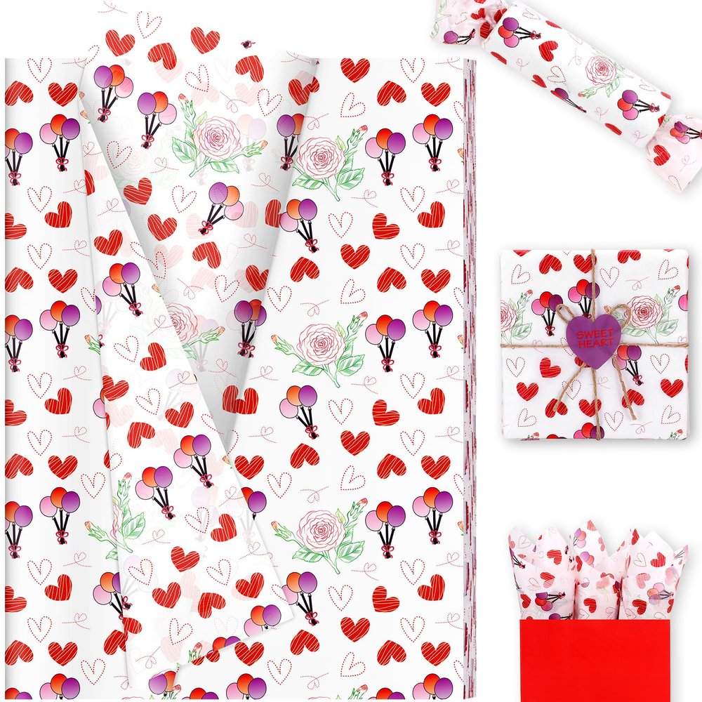 100 Sheets Mother's Day Multicolored Rose Balloon Tissue Paper, 20 x 14in Balloon Heart Rose Pattern Tissue Paper for Mother's Day Gift Wrapping DIY Craft Spring Party Supplies