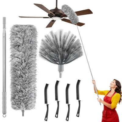 7-Piece Microfiber Feather Duster Set with Extension Pole (16.1" to 100"), Extendable Cobweb & Ceiling Fan Duster for Cleaning Cobweb, Ceiling Fan, Blind, Furniture