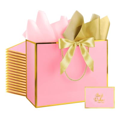 Addblu 12 Pack Large Pink Gift Bags with Handles, 12.6x10x4'' Includes 36 Tissue Papers, Bow Ribbon & Cards for Wedding, Birthday, Bridesmaid, Groomsmen, Valentine's Day, Easter (Pink and Gold, 12pcs)