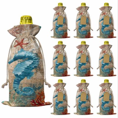 10pcs Linen Burlap Wine Bags with Drawstring Sea Seahorse Coastal Wine Gift Bag with Tags Reusable Wines Bottle Cover Gift Bags for Wines Tasting Party Supplies Brown Nautical Summer Coral Vintage