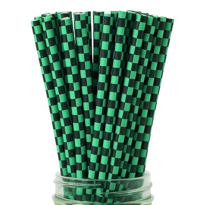100 Black and Green Checkered Straws - Disposable Paper 7.75 Inch Straws for Demon Anime Themed Party - Party On Tap
