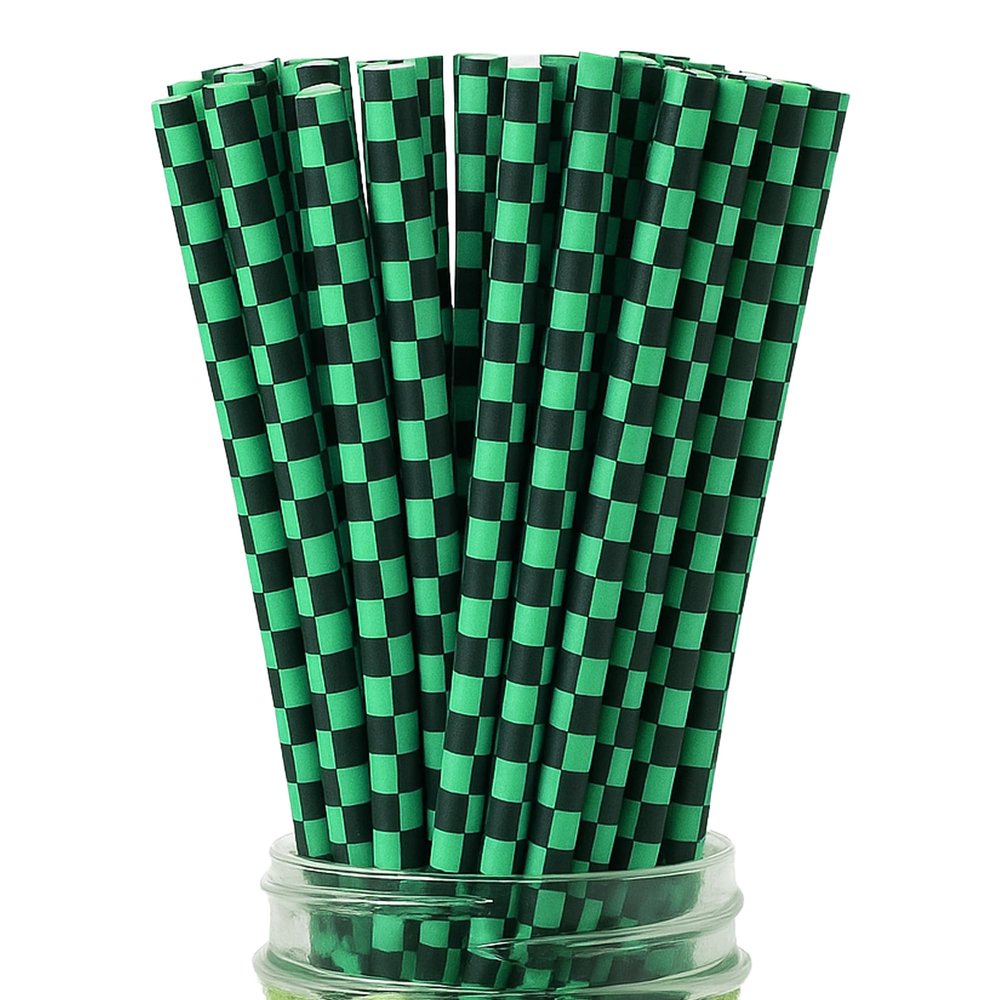 100 Black and Green Checkered Straws - Disposable Paper 7.75 Inch Straws for Demon Anime Themed Party - Party On Tap