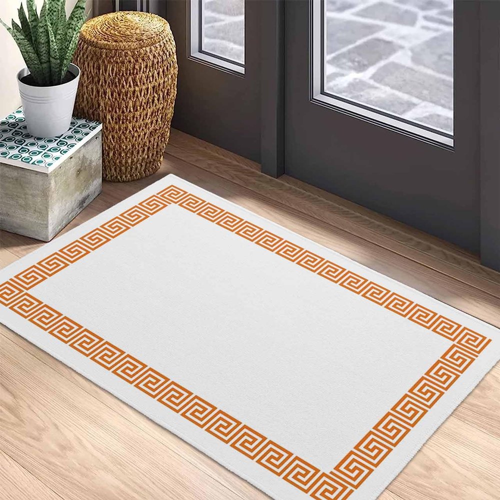 LEQIOLENNG Welcome Doormat, Abstract Greek Inspired Art Non-Slip Front Door Mat Absorbent Bath Mats, Orange Twist Line Key Pattern Kitchen Rug Entrance Rugs for Bathroom Bedroom 16x24in