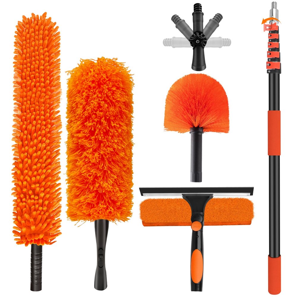 30FT High Reach Duster Cleaning Kit with 24FT Pole | 4-in-1 Tool Set with Universal Swivel Joint | High Ceiling Fan Cleaner, Microfiber Duster & Window Squeegee for Safe High-Reach Cleaning