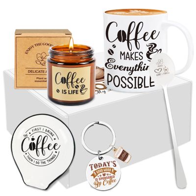 Coffe Gifts for Women, 6 Pcs Coffee Gift Basket, Includes Mug, Candle, Ceramic Coaster, Spoon, Keychain & Sock, Christmas Mother's Day Birthday Present for Coffee Lover