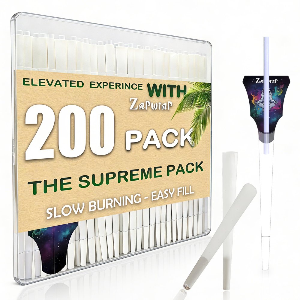 200 PACK White Cones Rolling Paper | King Size | 108mm | Pre Rolled Cones with Paper Loader and Packing Sticks
