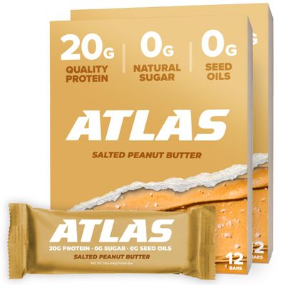 Atlas Real Food Protein Bar 20g Clean Protein, 0g Sugar, No Seed Oils, No Artificial Sweeteners (Salted Peanut Butter, 24 Count)