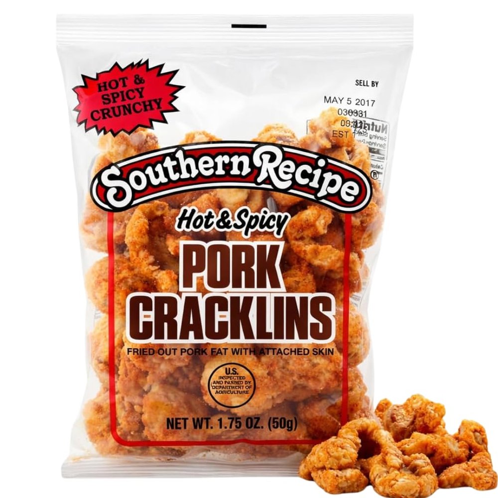 Southern Recipe Hot & Spicy Pork Tender Cracklins, 1.75 oz Bags Crunchy Pork Rinds Snack Keto Friendly, High Protein, Low Carb, Gluten Free (1.75 Ounce (Pack of 8), Hot & Spicy)