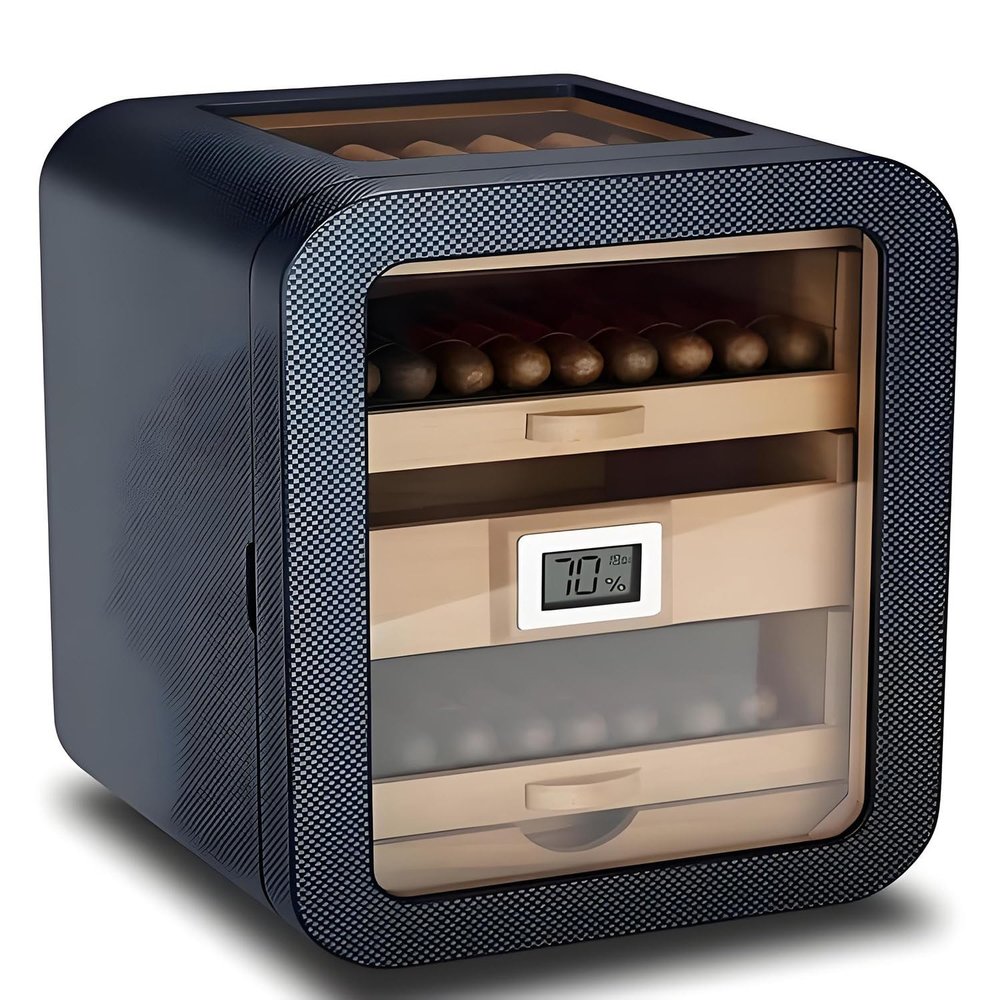 Cedar Wood Cigar Humidor Cabinet with Glass Top, Digital Hygrometer, Humidifier, 4 Large Drawers, Holds 110 Cigars, Luxury Gift for Men