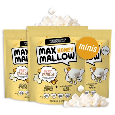 Max Mallow HONEY Mini Marshmallows - Very Vanilla - Gut Friendly, Gluten Free, No Refined Sugars, Real Wildflower Honey, Collagen-Infused Snack (3 Pack, Very Vanilla)