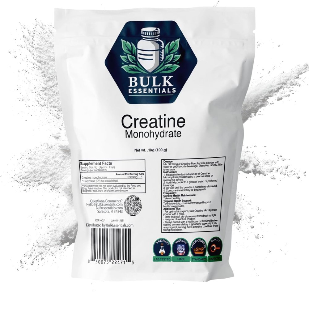 Bulk Essentials 100% Pure Micronized Creatine Monohydrate Powder Supplement 100g Unflavored Creatine Powder for Strength, Energy & Performance Non-GMO, Gluten-Free, USA Made 20 Servings