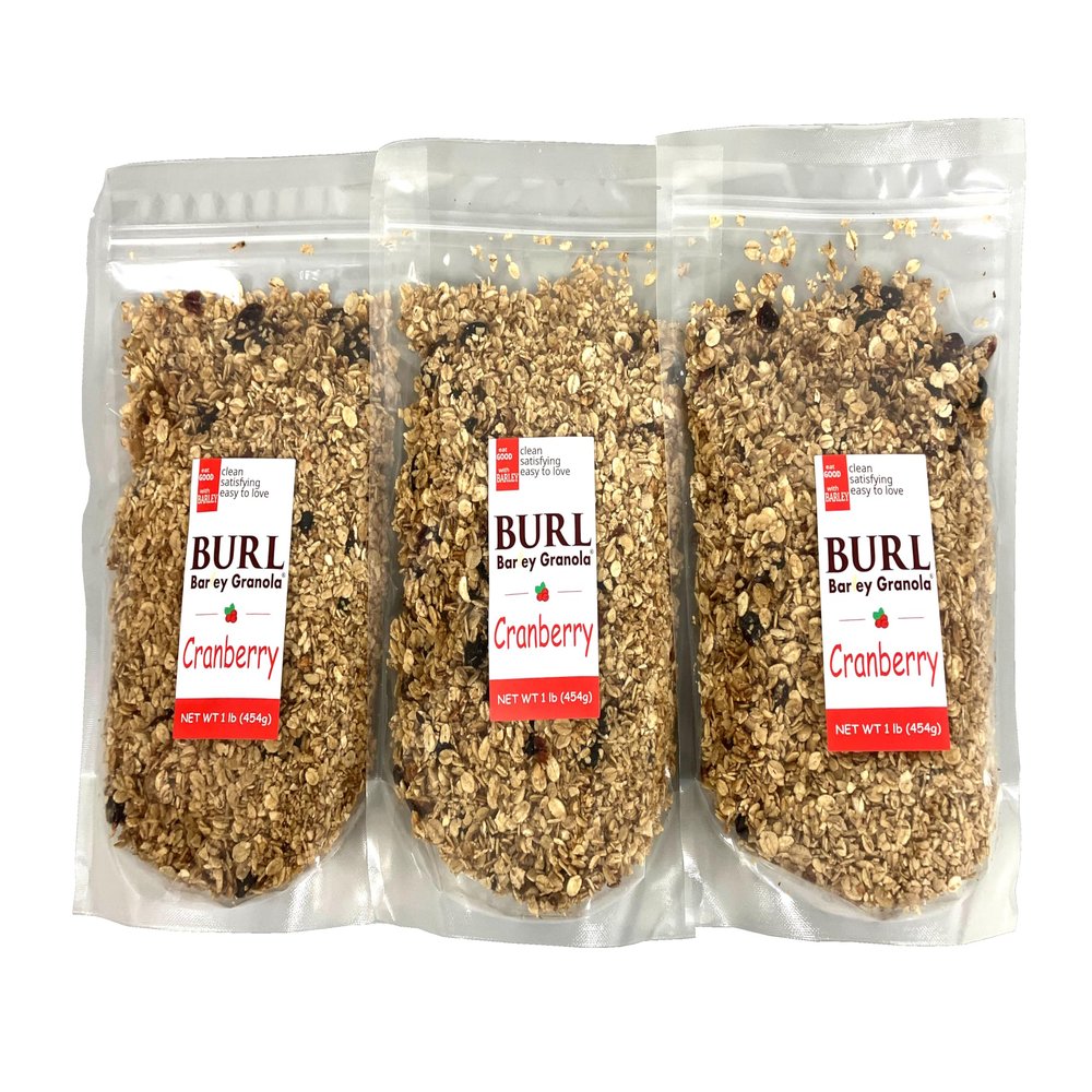 Burl Barley Granola, Cranberry Granola, 3 Pack of 1lb Bags, Whole Grain Barley Cereal, Granola with Dried Cranberries, Made with Rolled Barley Grain, Chewy, No Artificial Flavors or Colors
