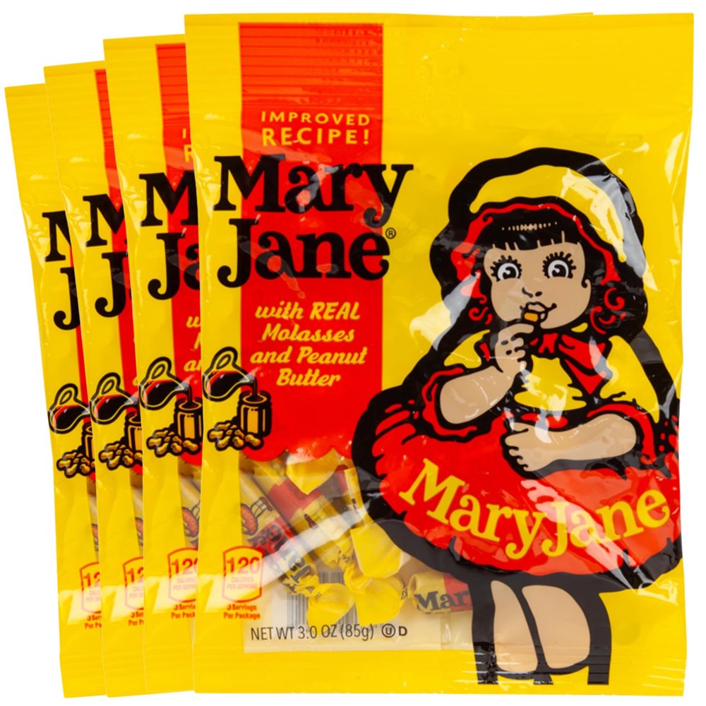Mary Jane Candy Old Fashioned Molasses Chews Bulk Pack - 4 Bags of Retro Peanut Butter Molasses Candy - Maryjane Original Old School Chew (4 x 3oz Bags)