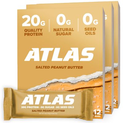 Atlas Real Food Protein Bar 20g Clean Protein, 0g Sugar, No Seed Oils, No Artificial Sweeteners (Salted Peanut Butter, 36 Count)