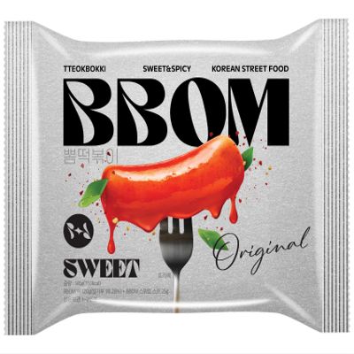 BBOM Instant Korean Tteokbokki Pouch Sweet & Spicy Street Food Easy and Convenient Preparation Includes Tray, Rice Cakes & Powder Sauce, 3 Flavors_5.19oz (147g) (Sweet)
