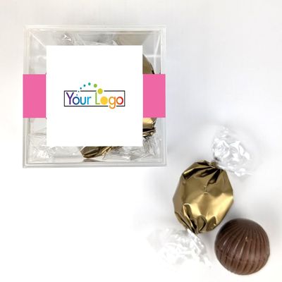 12 Pack Add Your Logo Candy Favor Cube Filled With Milk Chocolate Dubai Truffles For Gifting, Corporate Event Favors, Promotional Giveaways, Candy Buffets & More - Bright Pink