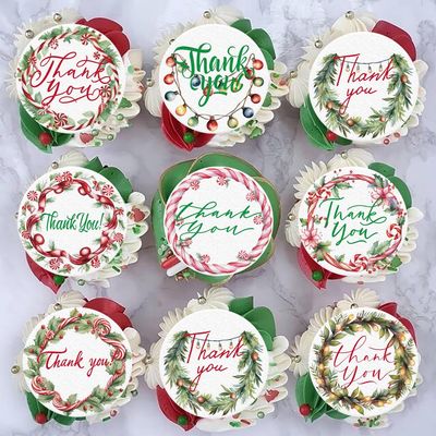 Fyeoxle 36PCS Edible Christmas Thank You Cupcake Toppers Wafer Paper Holly Jolly Candy Cupcake Toppers Thank You Cake Picks for Christmas Theme Party Baby Shower Birthday Supplies