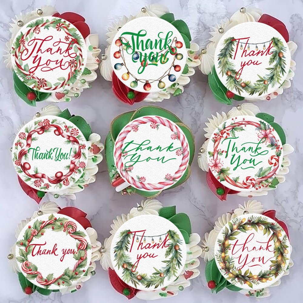 Fyeoxle 36PCS Edible Christmas Thank You Cupcake Toppers Wafer Paper Holly Jolly Candy Cupcake Toppers Thank You Cake Picks for Christmas Theme Party Baby Shower Birthday Supplies