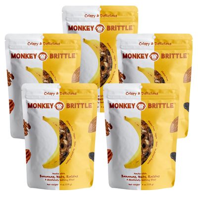 Monkey Brittle Healthy Snacks, Crispy Plant-Based Treats for Kids & Adults, Vegan & Gluten-Free, All-Natural Snack for School, Sports, Camping & On-the-Go (4oz, Pack of 5), Original