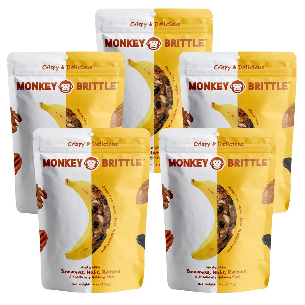 Monkey Brittle Healthy Snacks, Crispy Plant-Based Treats for Kids & Adults, Vegan & Gluten-Free, All-Natural Snack for School, Sports, Camping & On-the-Go (4oz, Pack of 5), Original