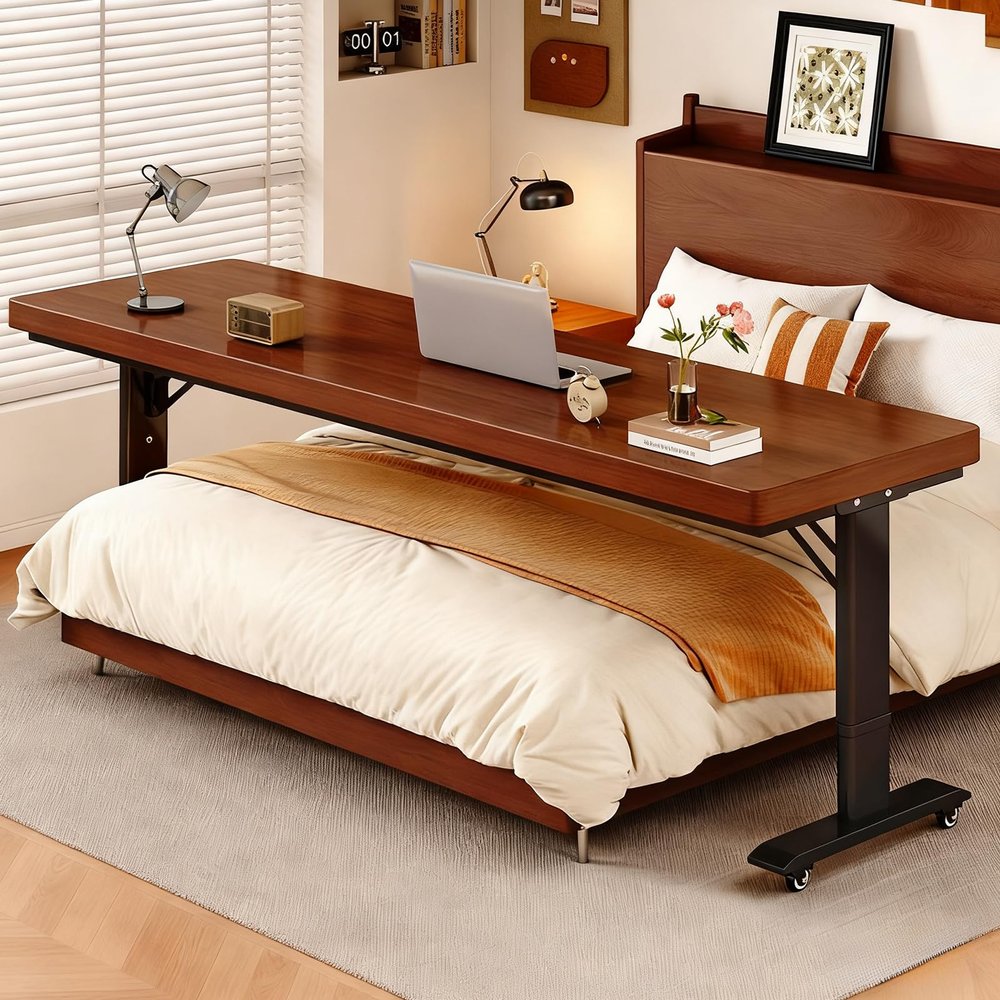 Quvex Over The Bed Table with Wheels, 2" Thick Over Bed Table Adjustable Height, Rolling Portable Over The Bed Desk, Wood Standing Office Desk Computer Tables for Work, Study, Home