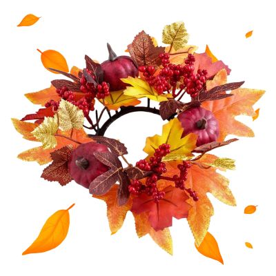 Autumn Candle Wreath Rings Faux Maple Leafs Garland, Decorative Pumpkins and Berries, Seasonal Accent | Fall Candle Decoration for Table Centerpiece, Wedding, Thanksgiving, Halloween, Dining Room