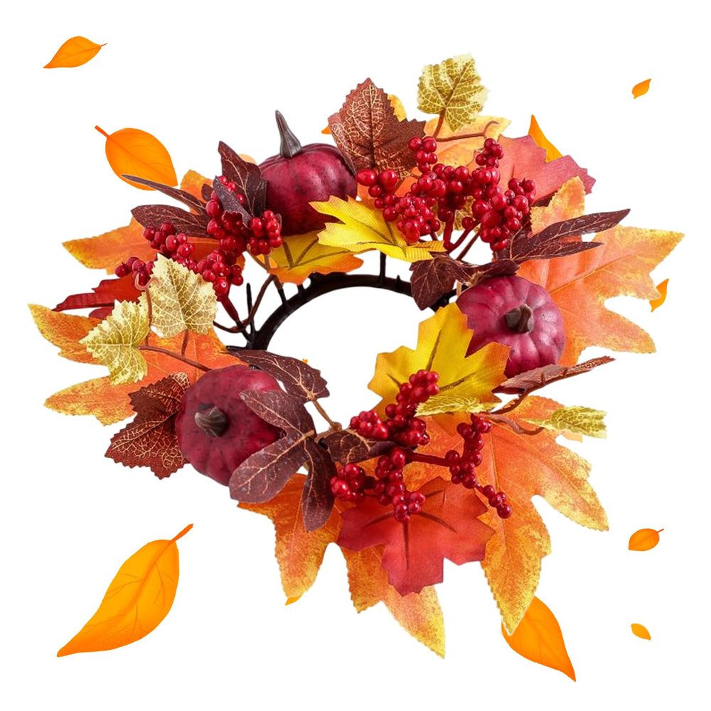 Autumn Candle Wreath Rings Faux Maple Leafs Garland, Decorative Pumpkins and Berries, Seasonal Accent | Fall Candle Decoration for Table Centerpiece, Wedding, Thanksgiving, Halloween, Dining Room