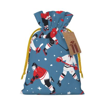 Ruzoap Christmas Burlap Gift Bags with Drawstrings, Ice Hockey Pattern - Christmas Treat Candy Bags for Holiday Party Wrapping Xmas Present - Medium