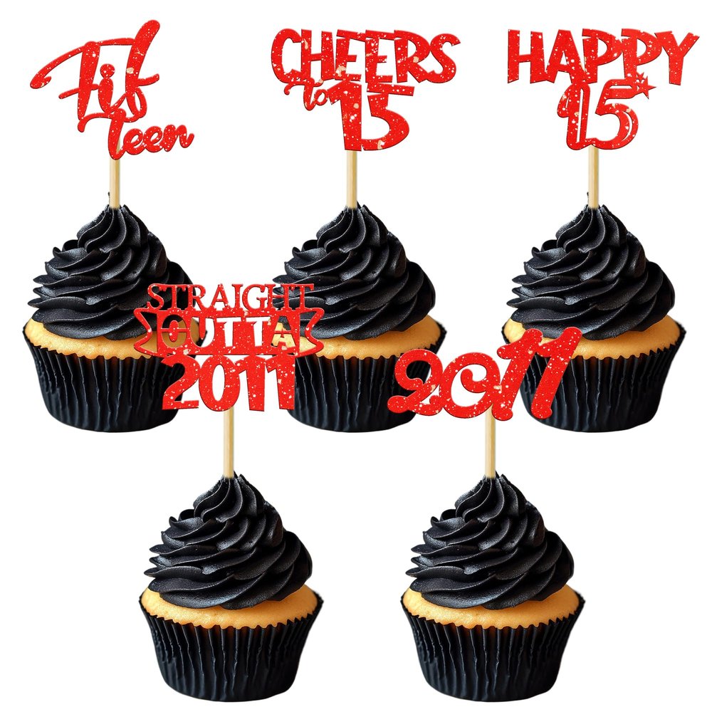 LcingTify 30 PCS Happy 15th Birthday Cupcake Toppers Straight Outta 2011 Cupcake Picks Fifteen Cheers to 15 Fabulous Cake Decorations for 15th Birthday Theme Anniversary Party Decoration Supplies Red