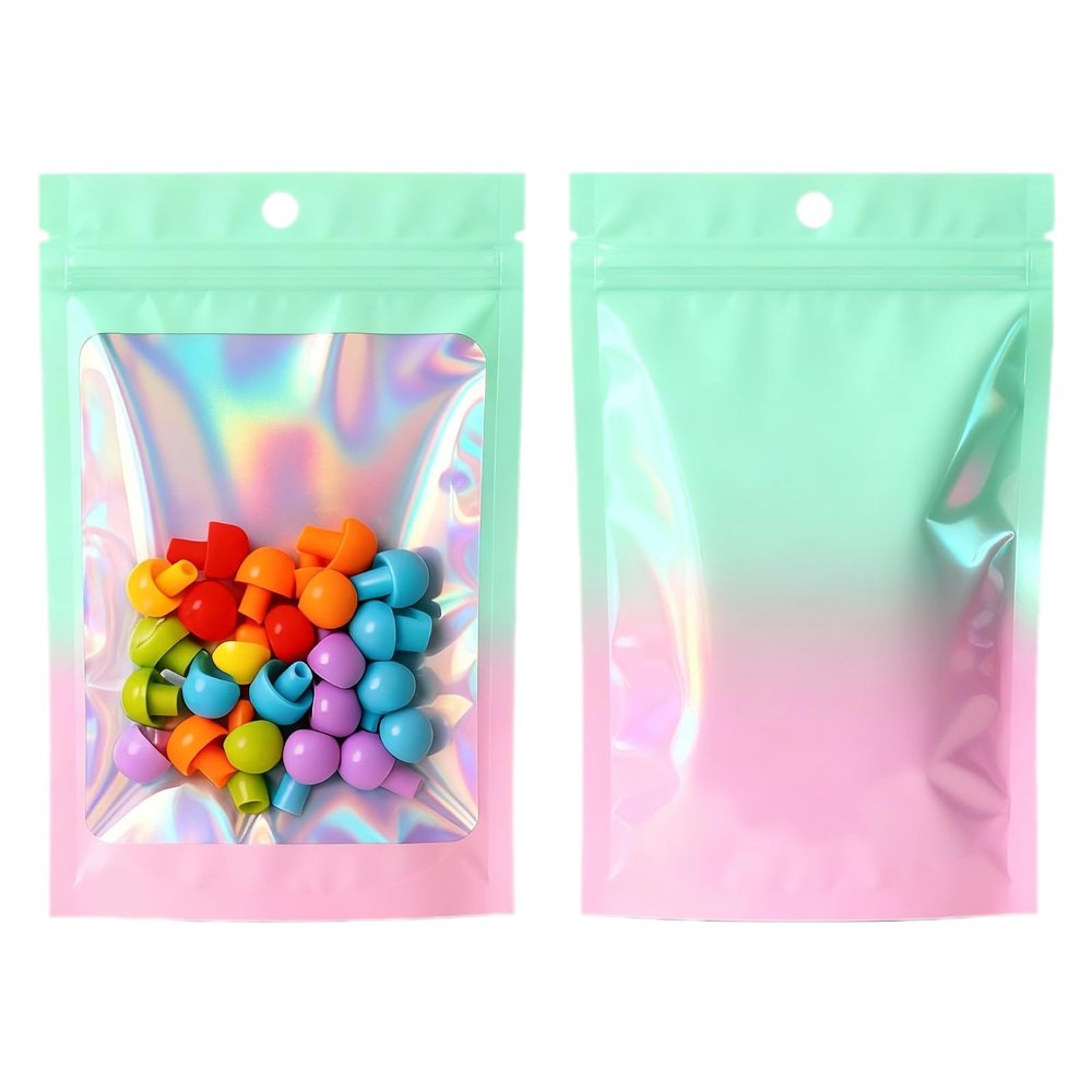 100 Pieces Resealable Mylar Bags with Clear Window for Food Storage Party Favor Packaging Small Business (Green&Pink, 5.57.8 Inch)