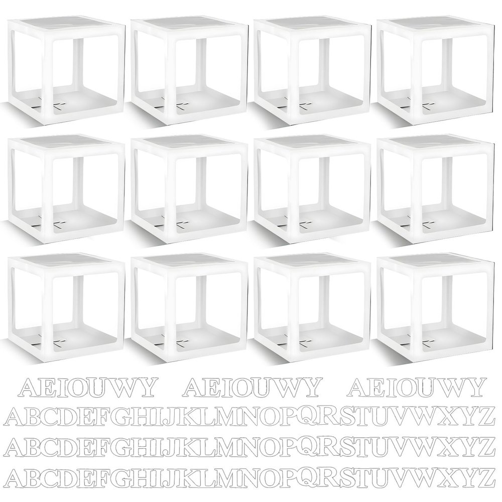 12 Pcs Transparent Wedding Balloon Boxes with 99 Letters, White Balloon Box for Baby Shower Gender Reveal Grad Birthday Party Bridal Wedding Christmas Anniversary Valentines Backdrop Decoration