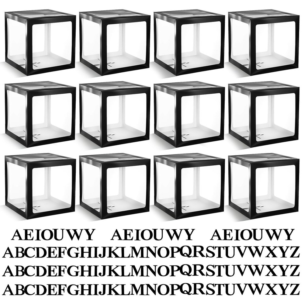 12 Pcs Transparent Balloon Boxes Clear Baby Boxes with 99 Letters for Baby Shower Gender Reveal Grad Birthday Party Bridal Wedding Christmas Anniversary Valentines Backdrop Decoration (Black)
