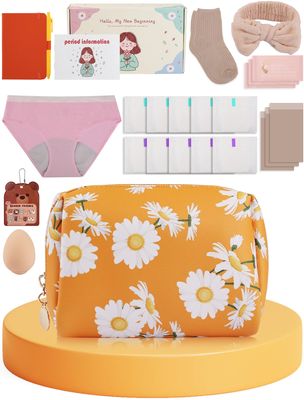 YuanYue First Period Gift Kit for Girls 9-12 | Complete Tween Period Set with Daisy Yellow Bag, Leak-Proof Panties, Teen Pads, Wipes, Diary, Nail Stickers & More Perfect for School & Travel (S)
