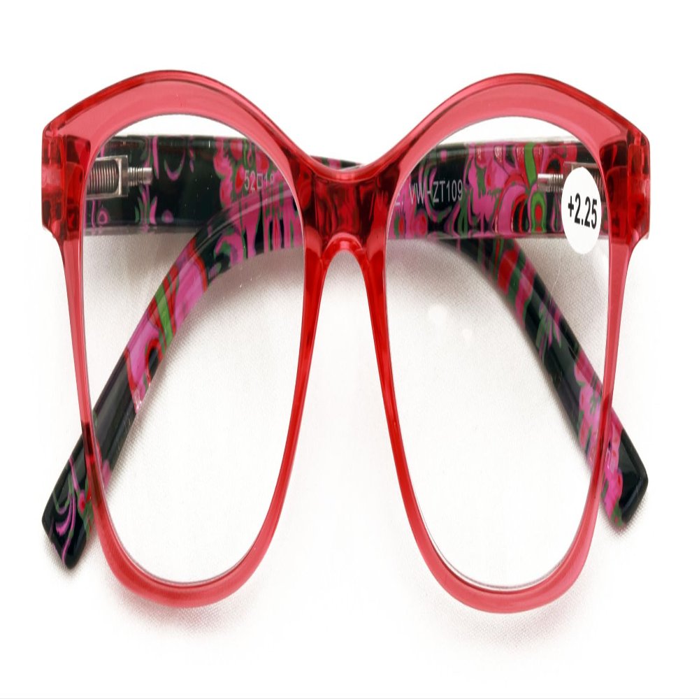 V.W.E. Women Floral Clear Progressive Reading Glasses - Zero Power on Top - No Bubble - Wide Fitment (Red, 1.00, x)
