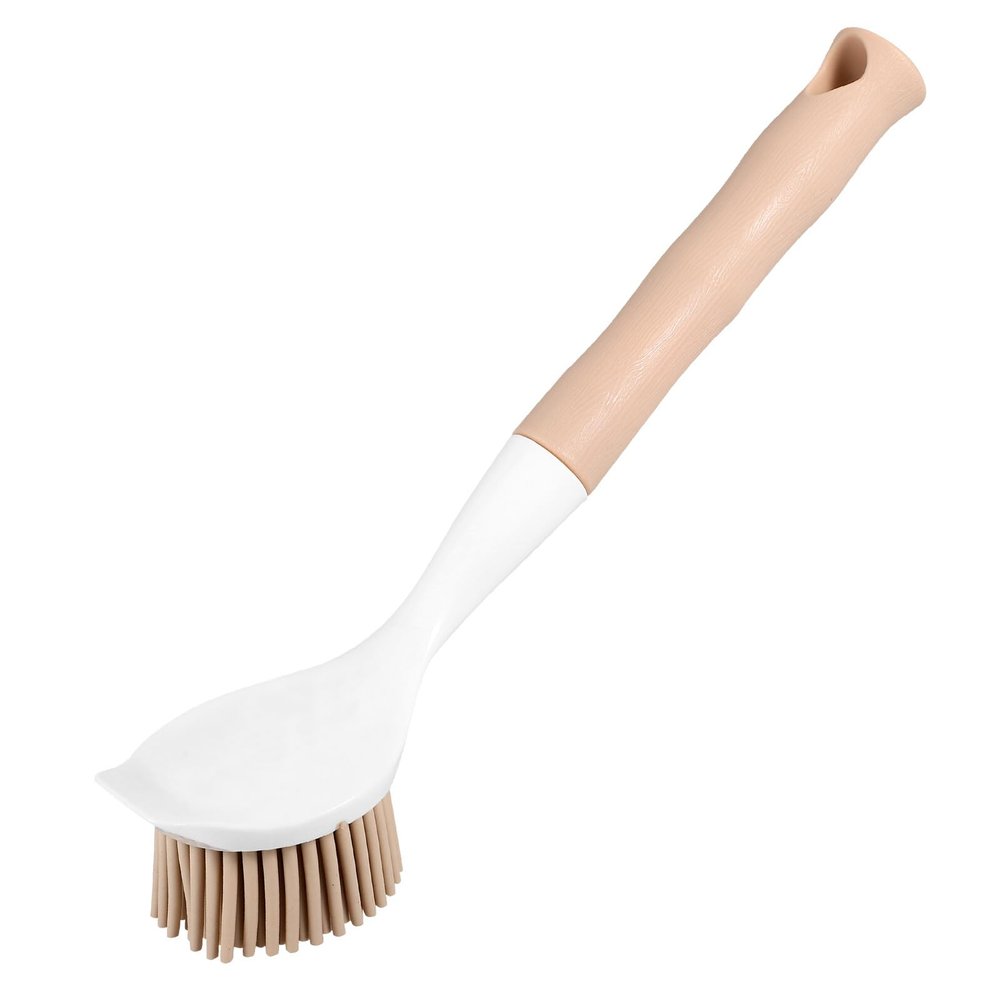 KOMBIUDA Non-Slip Long Handle Dish Brush for Pots and Pans Beige Silicone Kitchen Scrubber with Hanging Ergonomic Grip for Deep Cleaning Corners and Tough