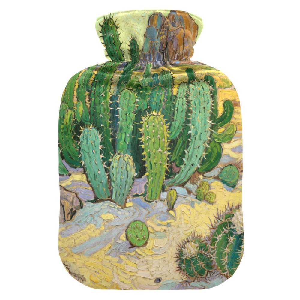 Oil Painting Desert Cacti Green hot-Water Bottle with Soft Cover, 1L hot compresses for The Body for Hand Feet Warmer