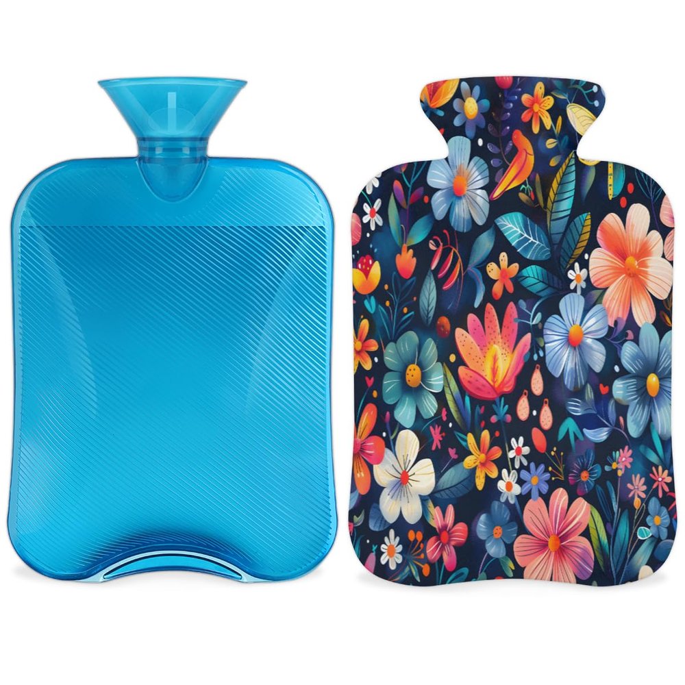 Flower Dragonfly Pattern Hot Water Bottle with Cover 2L Large Hot Water Bag for Menstrual Cramps, Neck and Shoulder Pain Relief, Hot Cold Therapy, Hand Feet Warmer
