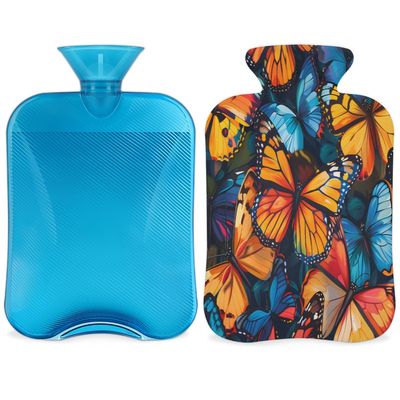 Colorful Butterfly Patterns Hot Water Bottle with Cover 2L Large Hot Water Bag for Menstrual Cramps, Neck and Shoulder Pain Relief, Hot Cold Therapy, Hand Feet Warmer