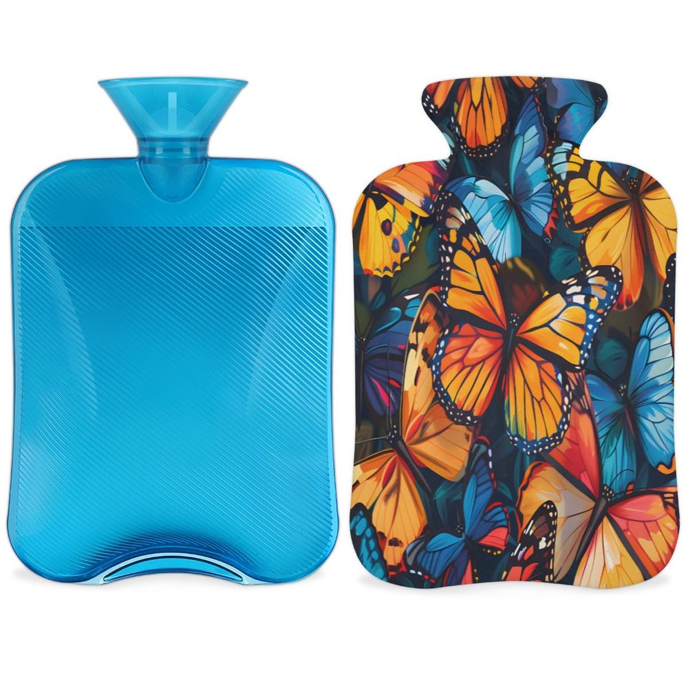 Colorful Butterfly Patterns Hot Water Bottle with Cover 2L Large Hot Water Bag for Menstrual Cramps, Neck and Shoulder Pain Relief, Hot Cold Therapy, Hand Feet Warmer