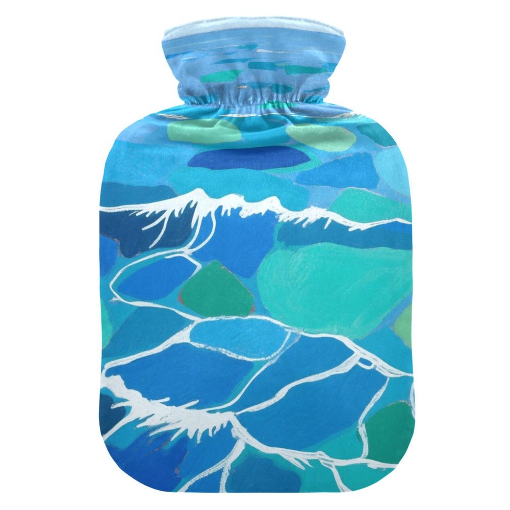 Minimalist Blue Wave Abstract Stone hot Water Bottles with Soft Cover, 1L hot Compress for Neck Shoulder Warmer