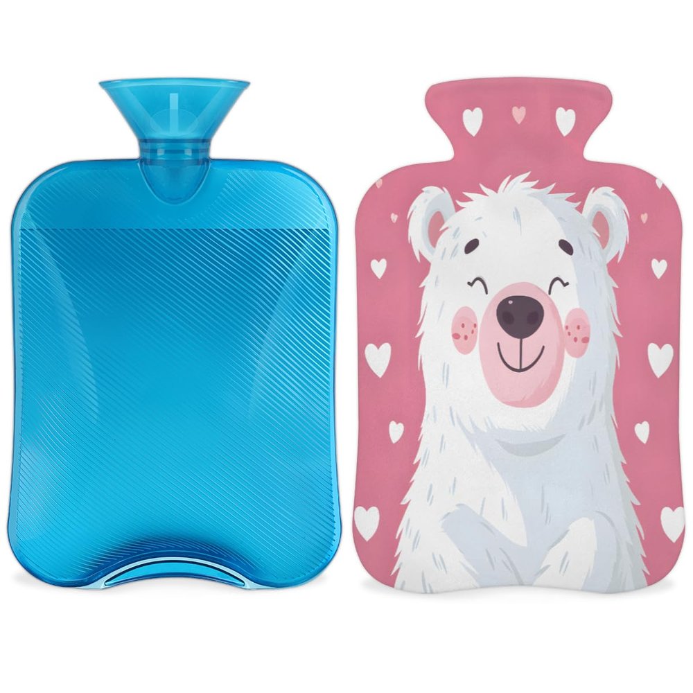 Cartoon Polar Bear Hot Water Bottle with Cover 2L Large Hot Water Bag for Menstrual Cramps, Neck and Shoulder Pain Relief, Hot Cold Therapy, Hand Feet Warmer